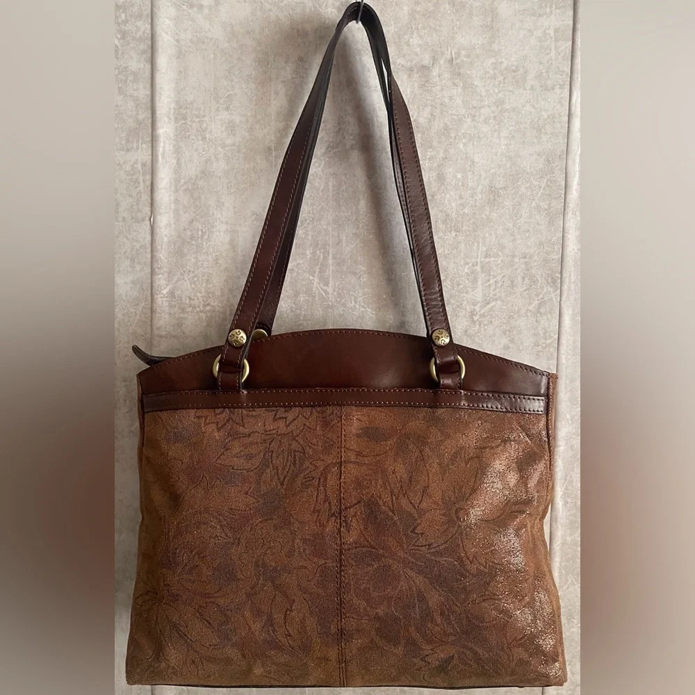 Patricia Nash Poppy Tote Peruvian Tooling Nappa Etched Floral Brown Shoulder Bag